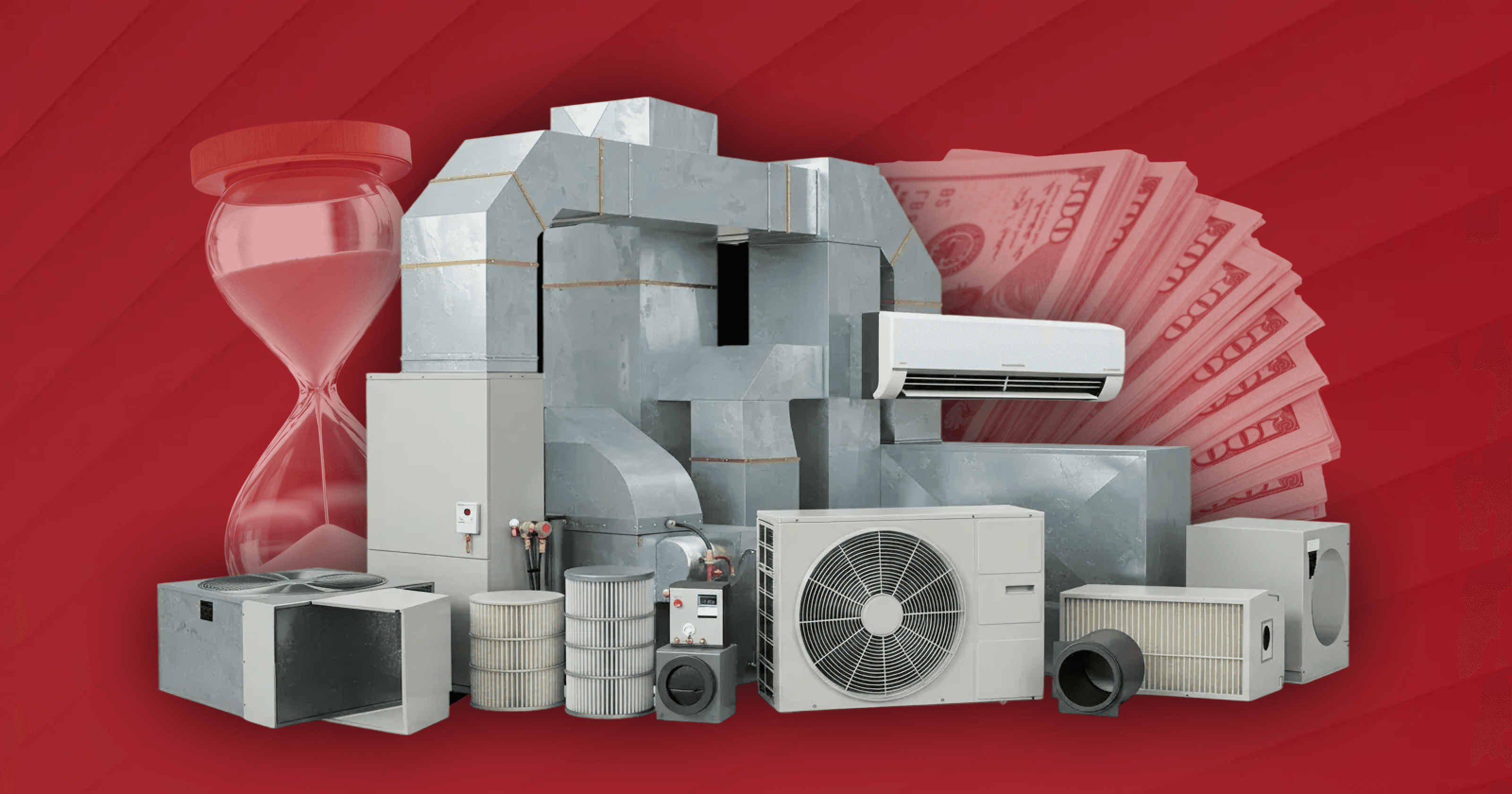 HVAC equipment display with hourglass and money representing service costs