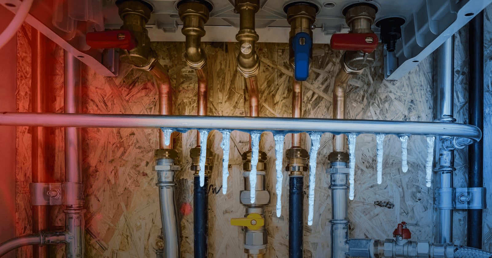 PEX plumbing manifold with copper pipes and valves mounted on wall