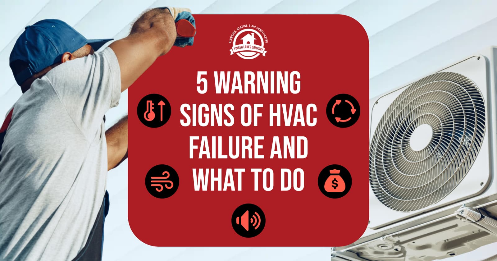 5 Warning Signs of HVAC Failure and What to Do with temperature, airflow, money, and sound icons