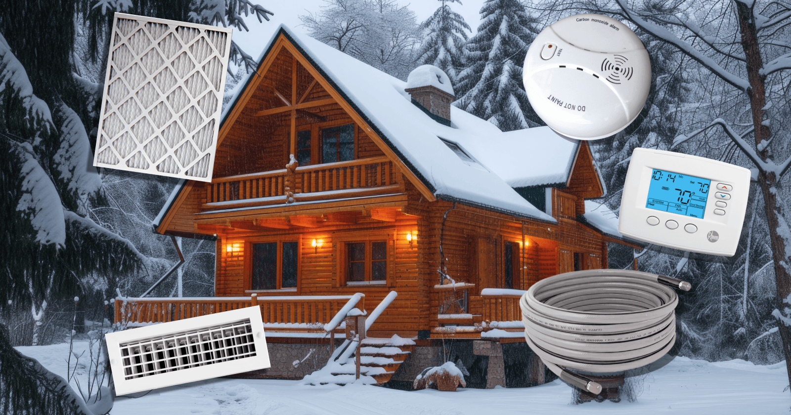 Snow-covered log cabin with HVAC equipment including air filter, thermostat, carbon monoxide detector, and heating components